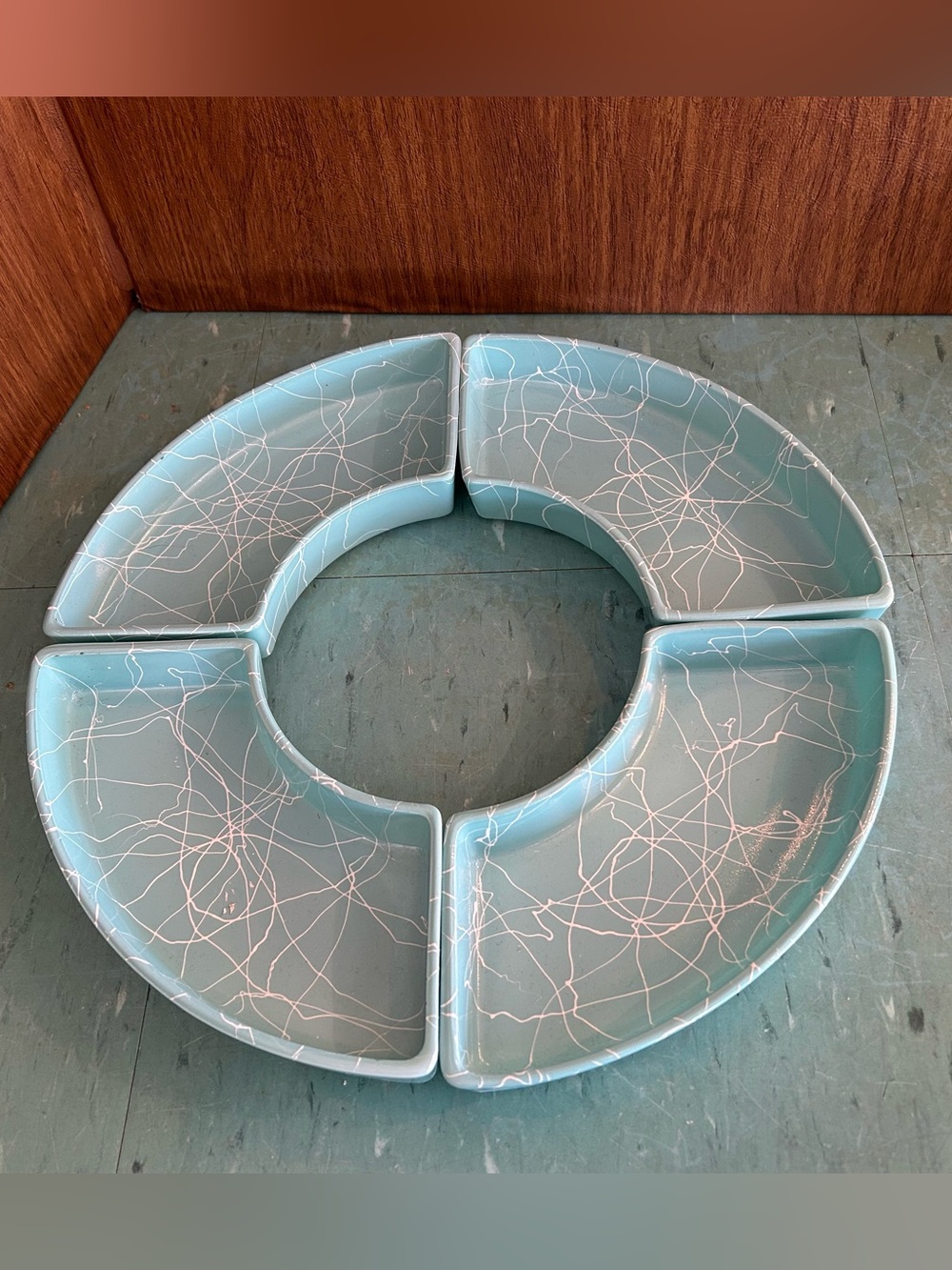 Hazel Atlas Aqua Spaghetti Drizzle MCM Milk Glass Vegetable Trays serving set